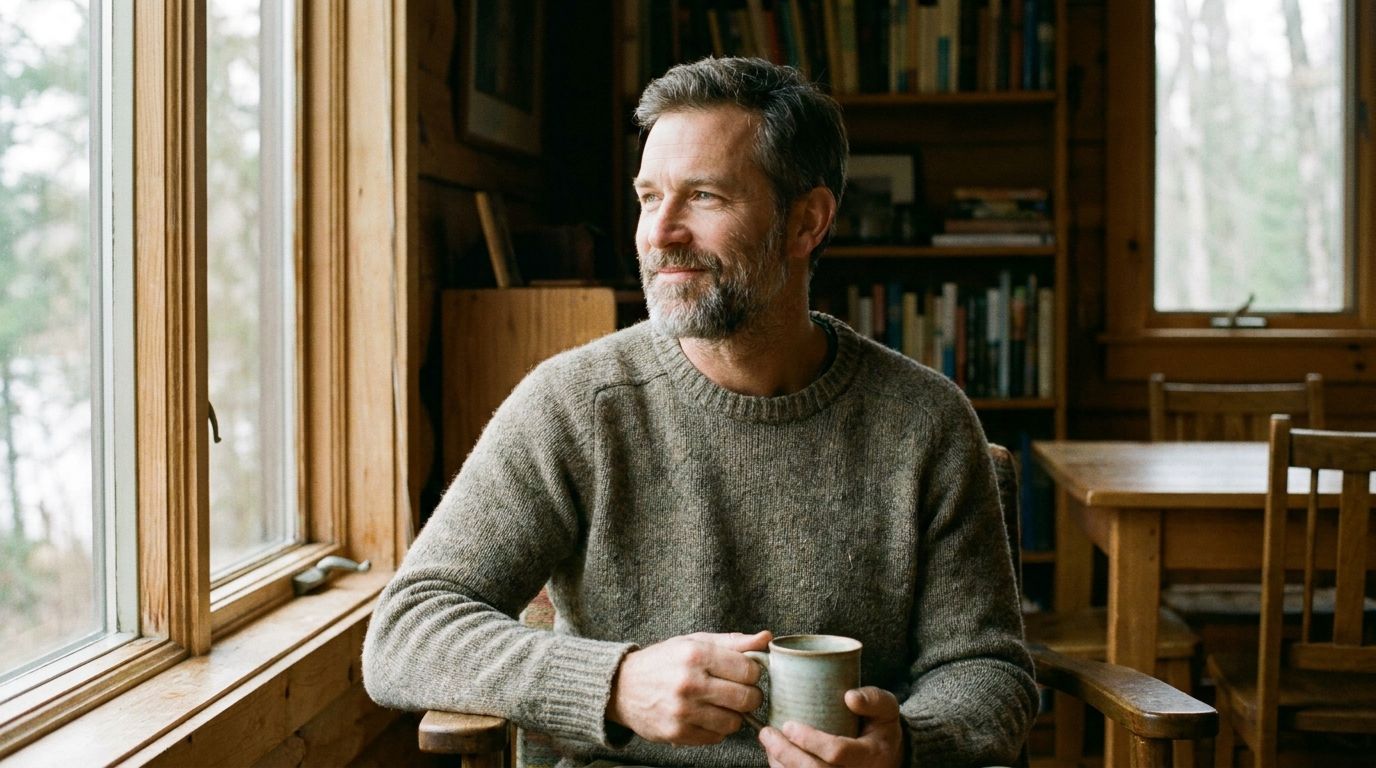 Healthy man reflecting, hapy