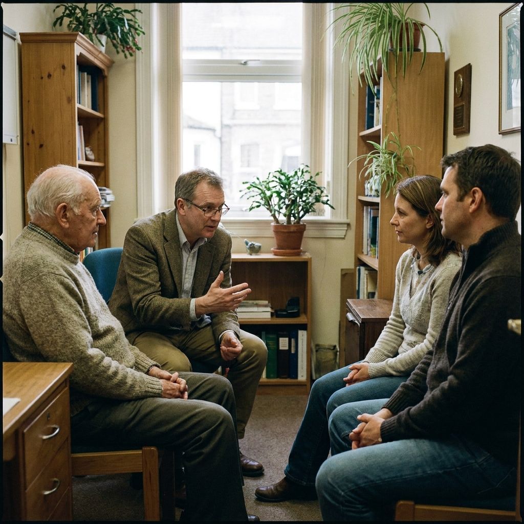 i need a picture of a neurologist talking to an aging patient and his adult family