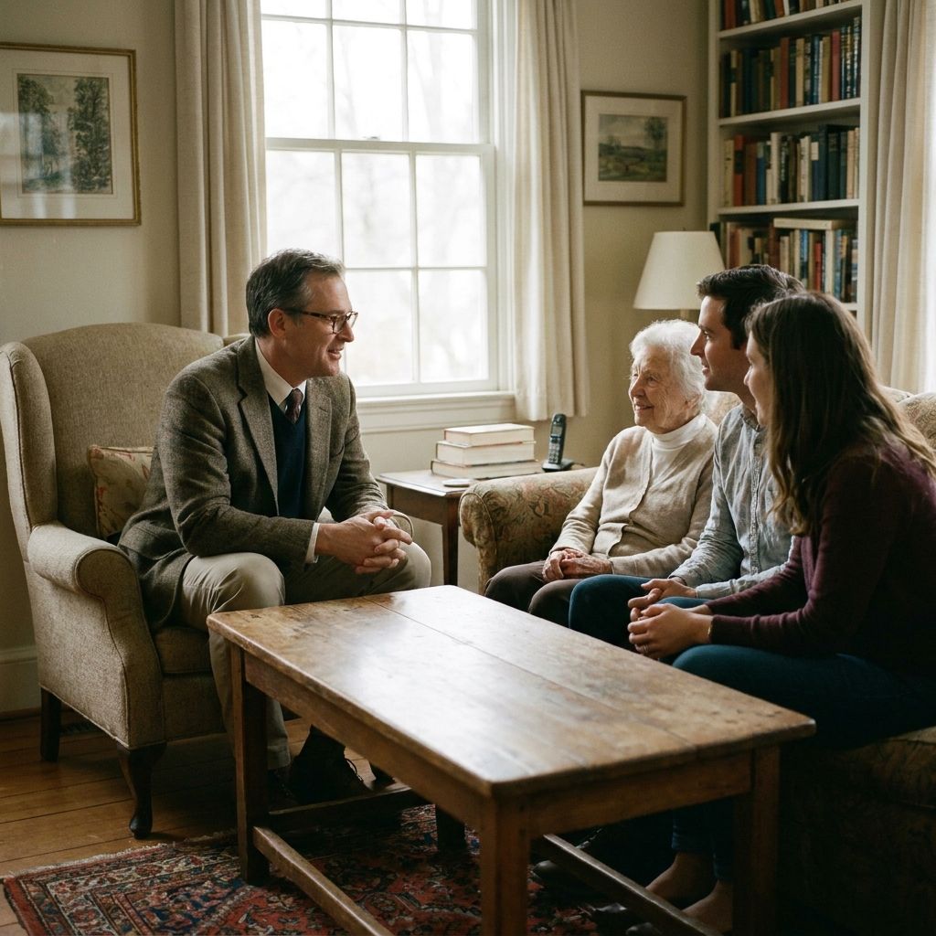 I need an image of a concierge physician talking to his aging client and family