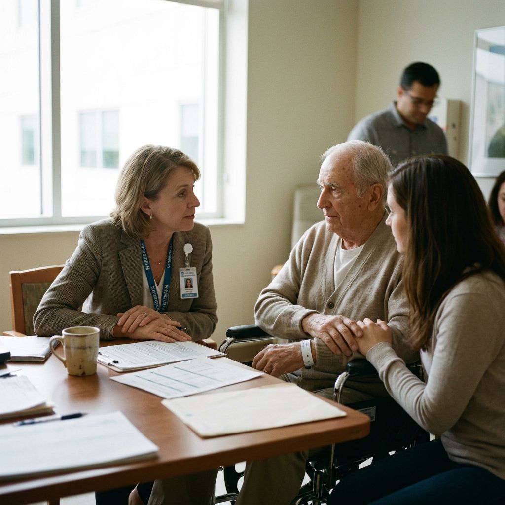 i need an image of a discharge planner at a hospital working with an elderly patient and their family