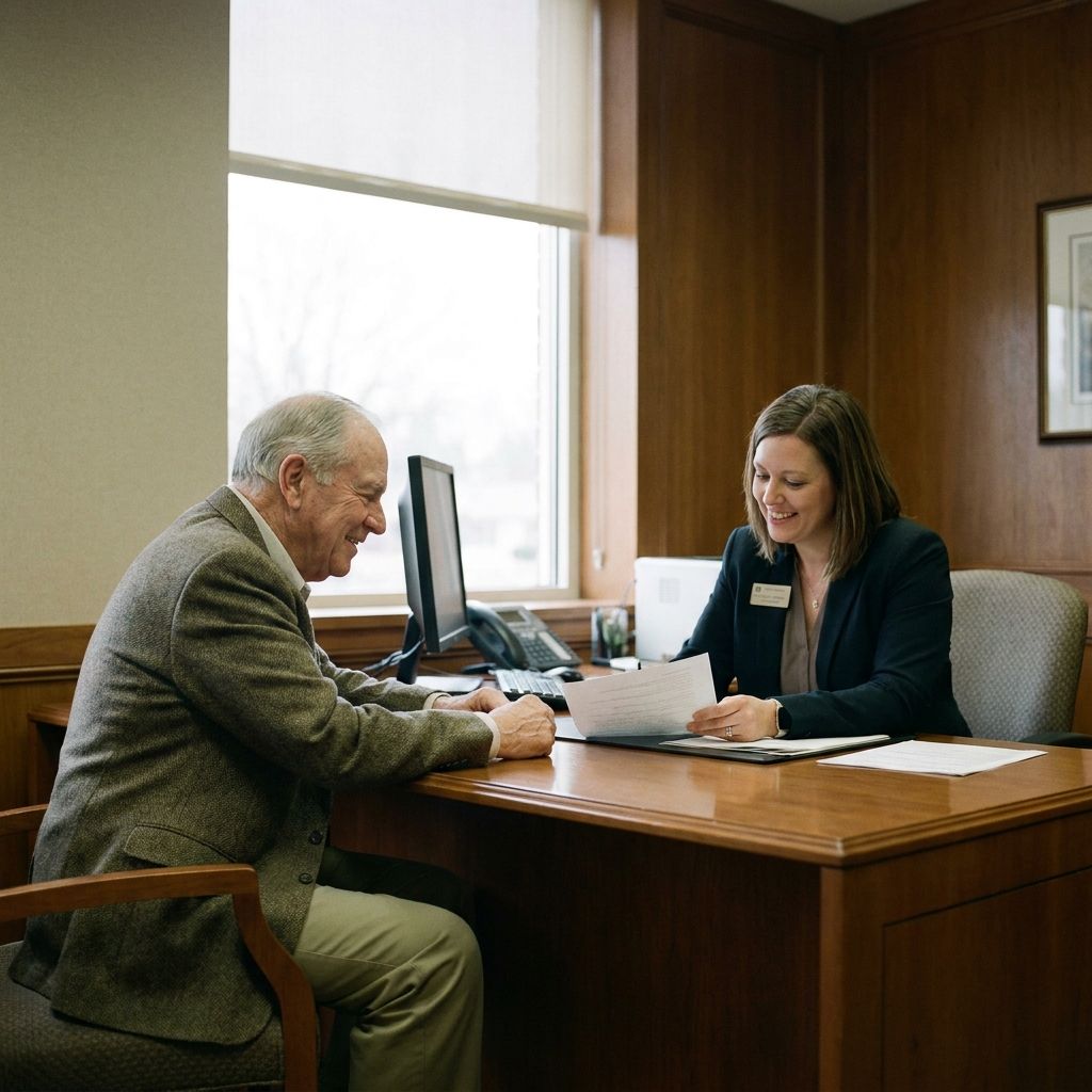 i need an image of a trust officer talking with an aging client in a bank setting