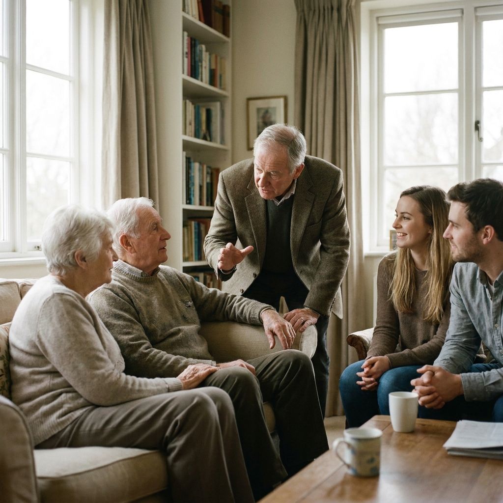 I need an image of a wealth manager talking with his aging client and family