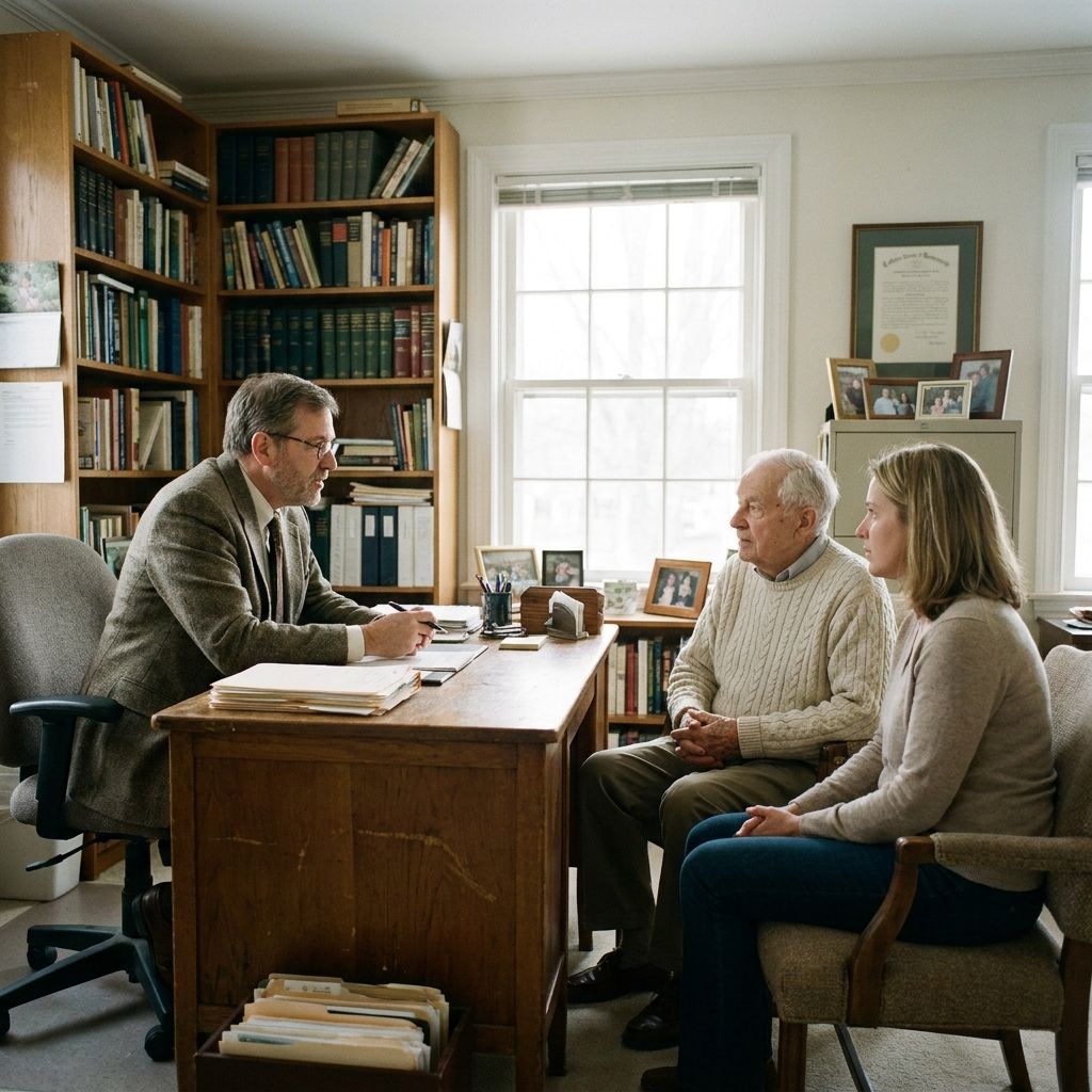 i need an image of an middle age elder law attorney talking to an aging client and his adult family