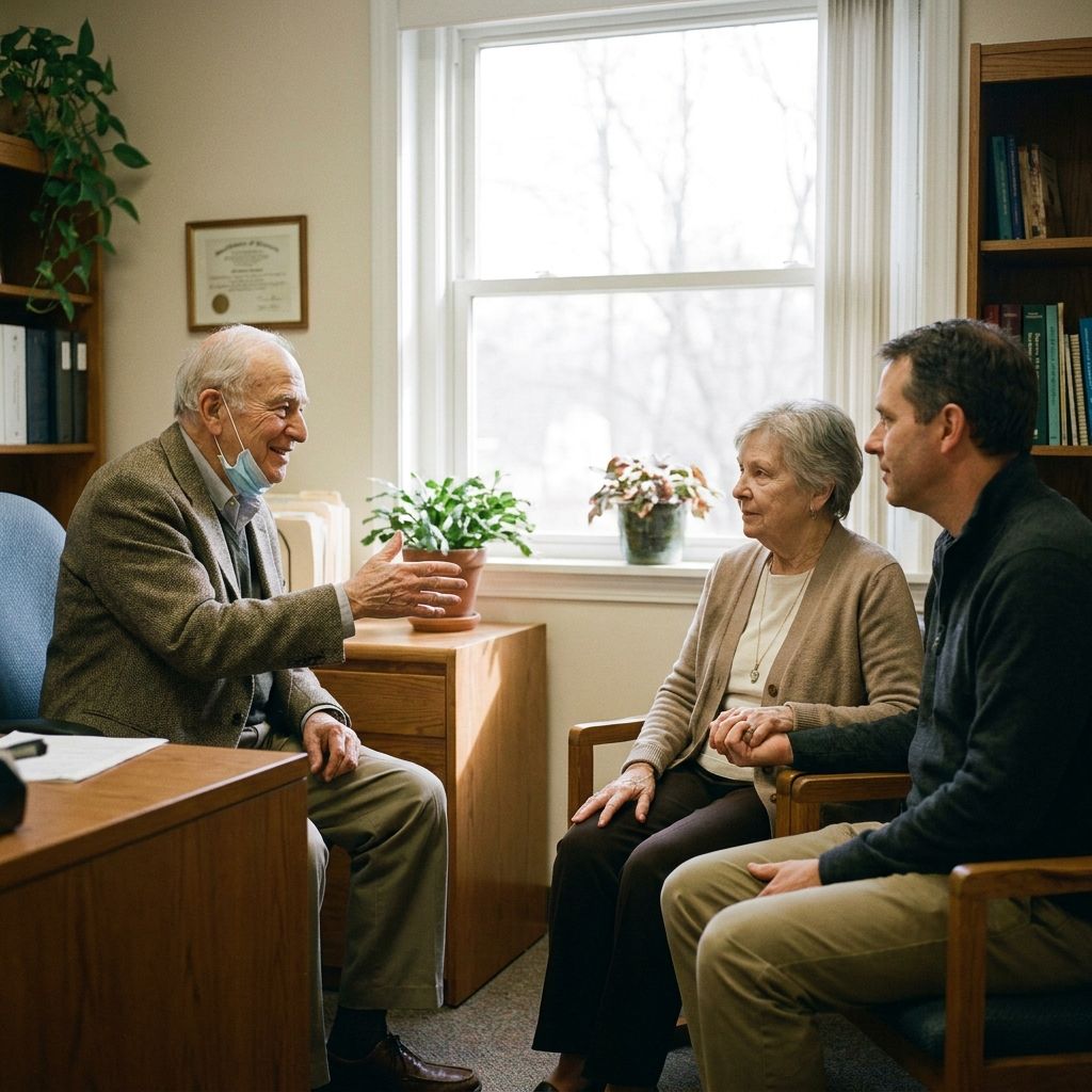 image of geriatric physician in clinic talking with aging patient and family
