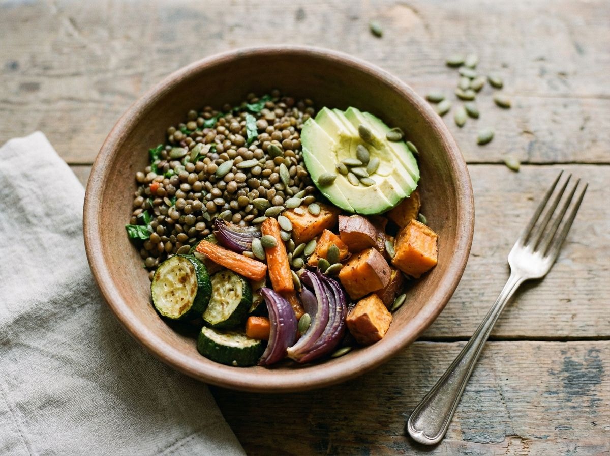 lentil, roasted veggie (zucchini, carrots, red onion, sweet potato), and avocado bowl for heart health, pumpkin seeds