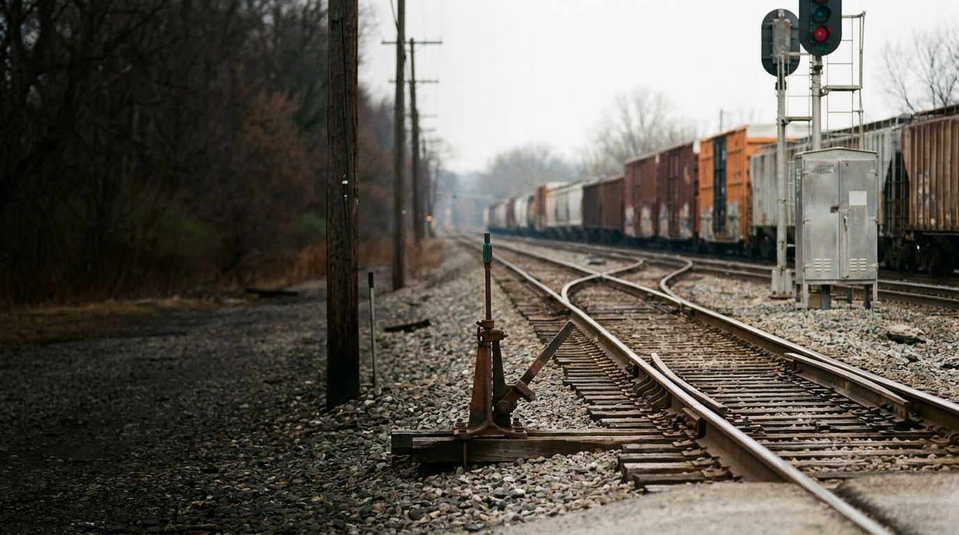  No illustration, no drawing, no sketch, no CGI, no futuristic effects, no digital overlays, no text, no logos, no workers posing for the camera. I want a photo  of North American railroad infrastructure, focused on a track switch and signal equipmen...