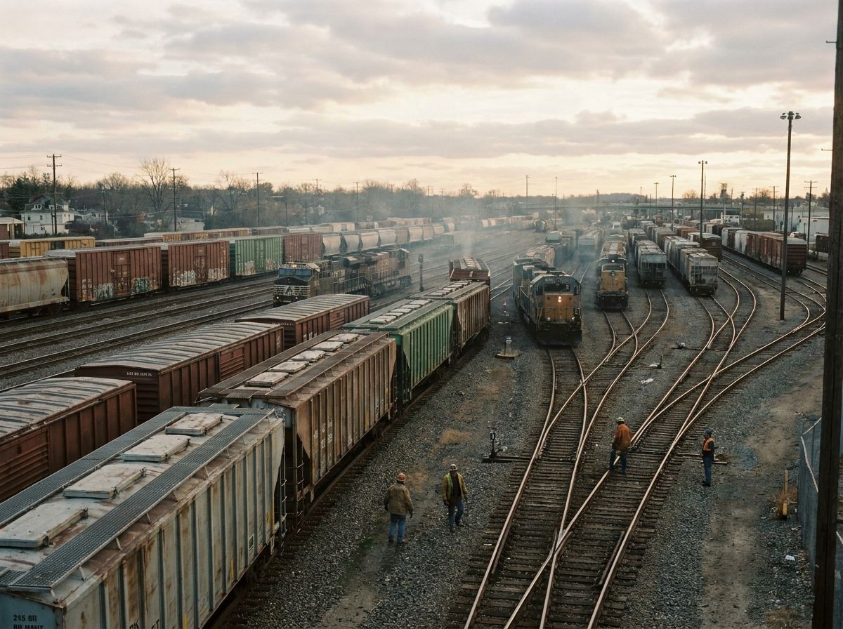 Photo image of rail your with multiple train tracks and dozzens of rail cars that are being switched and reorganixed. No illustrations,  no drawings, no sketches