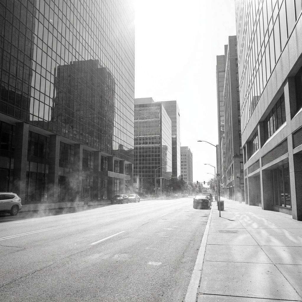 Photorealistic photo of a city street on an extremely hot summer day, empty sidewalks, heat waves rising from concrete, sun reflecting off glass buildings, harsh overhead light, overexposed bright sky, wide angle, stark and minimal. Use colors