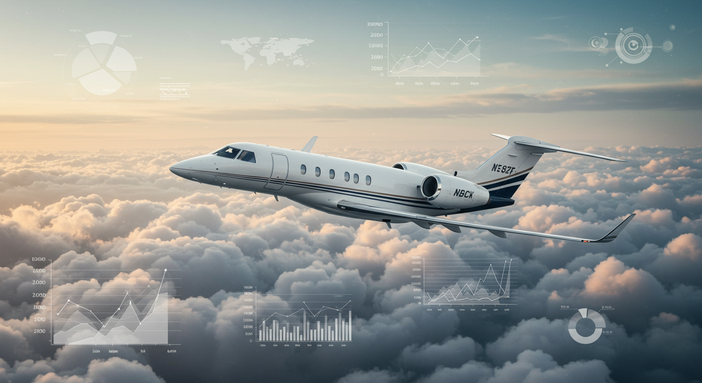 private jet flying in the clouds with data and charts around it to show our data tracking in-flight 