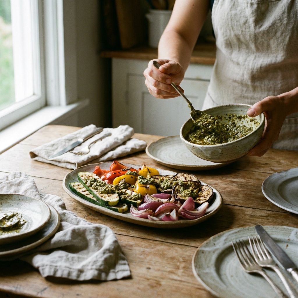 Pumpkin seed basil pesto spooned over grilled vegetables