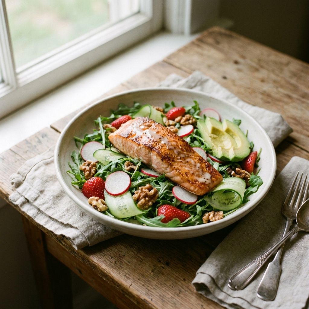 Salad with arugula, thinly sliced cucumber, thinly sliced radishes, strawberries, walnuts, avocado slices, with White Balsamic Glazed Salmon