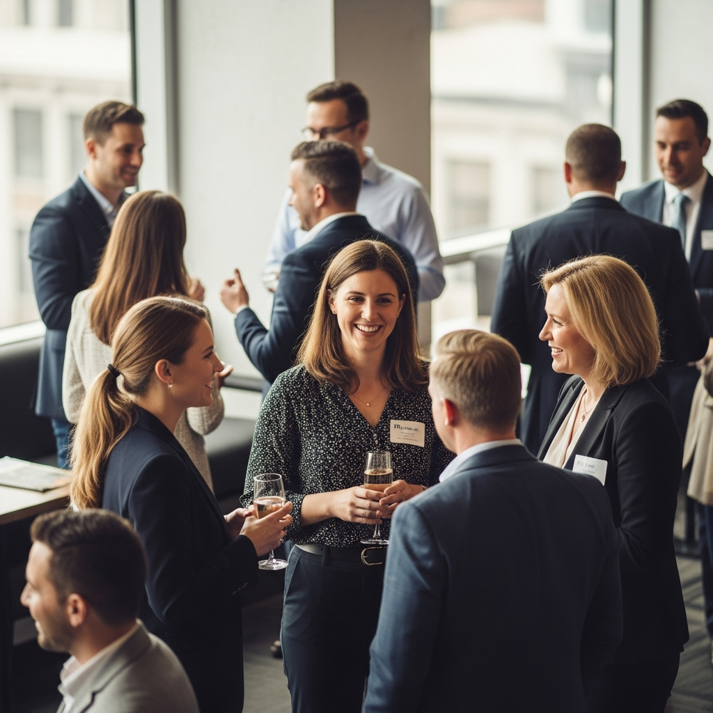 Show a diverse group of professionals networking and engaging in conversation, showcasing the dynamic and extensive candidate network of Phifer & Company.