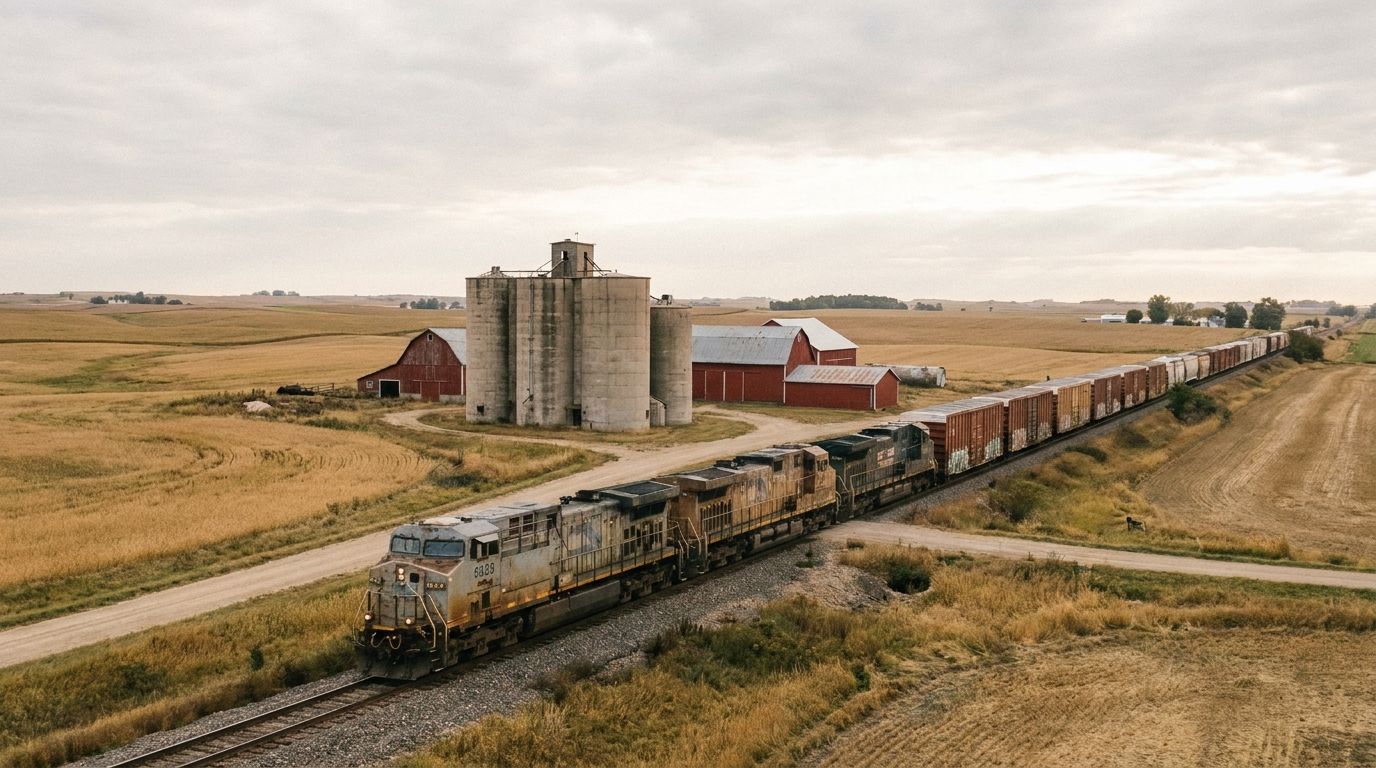 train running through farm land showing silos and fields