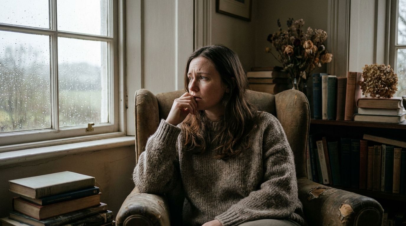 woman sitting looking out a window, wondering why she doesn't feel right